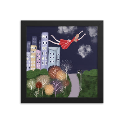 Woman Fly Building Framed Poster