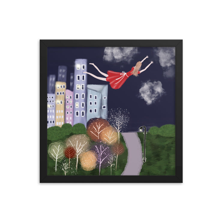 Woman Fly Building Framed Poster